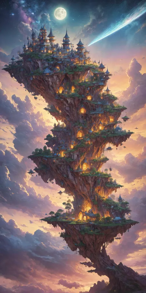 Scene concept mapï¼(high quality:1.4), (best quality:1.4), (masterpiece:1.4), official art, official wallpaper, surreal, (floating islands:1.1), (detailed landscape:1.1), (magic in the air:1.1), (stardust:1.1), sunset, (whimsical atmosphere:1.1), (dreamlike world:1.1), (bubbles:1.1), flying books, (luna moths:1.1), (moonlight:1.1), enchanted forest, (wisdom:1.1), (powerful energy:1.1), (peaceful:1.1), vibrant colors, (detailed:1.05), (extremely detailed:1.06), sharp focus, (intricate:1.03), cinematic lighting, (extremely intricate:1.04), (epic scenery:1.09), vibrant colors, (beautiful scenery:1.08), (detailed scenery:1.08), (intricate scenery:1.07), (wonderful scenery:1.05),, (sharp focus,absurdres,high quality,masterpiece,highres,best quality:1.5)