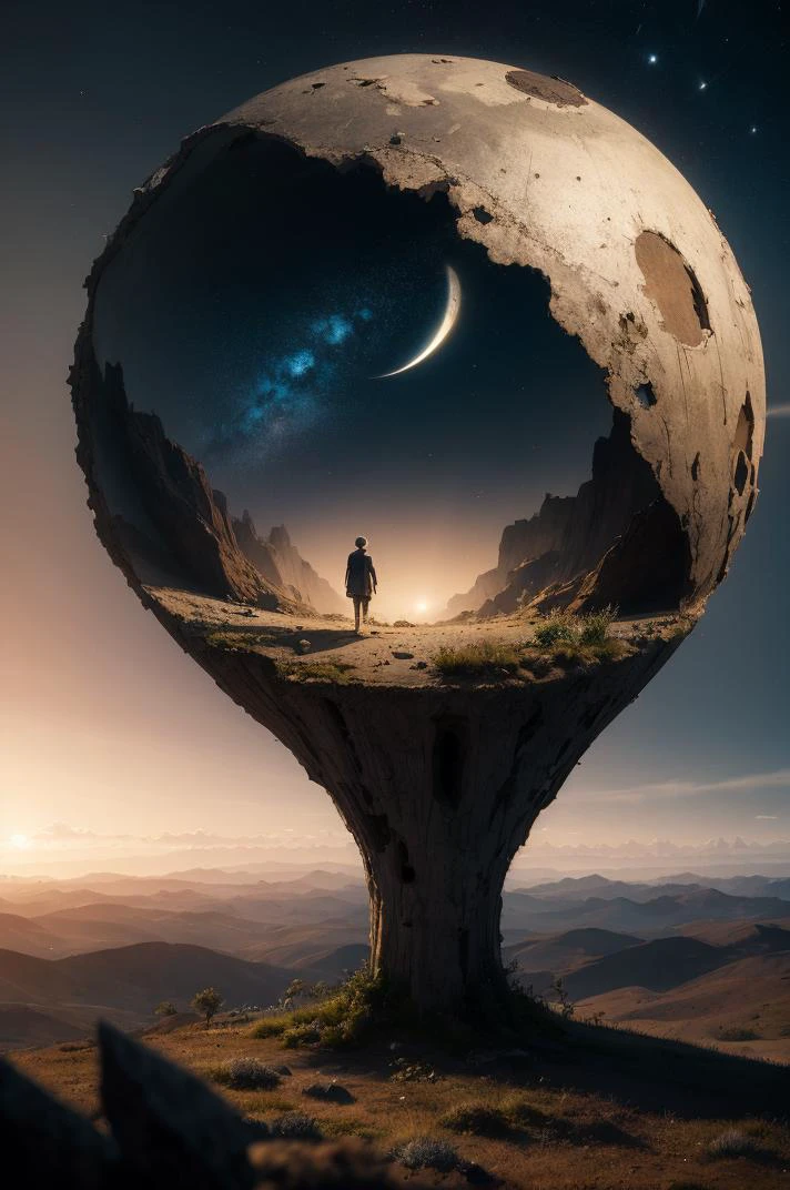 (high quality:1.4), (best quality:1.4), (masterpiece:1.4), official art, official wallpaper, surreal, (detailed landscape:1.1), (whimsical atmosphere:1.1), (powerful energy:1.1), (peaceful:1.1), vibrant colors, (detailed:1.05), (extremely detailed:1.06), sharp focus, (intricate:1.03), cinematic lighting, (extremely intricate:1.04), (epic scenery:1.09), (beautiful scenery:1.08), (detailed scenery:1.08), (intricate scenery:1.07), (wonderful scenery:1.05),(sharp focus,high quality,masterpiece,best quality:1.5)
BREAK, inside a hollow sphere, night sky,emptiness,boy stand, extreme rip on soil, ruined landscape,(hollow:1.2), darkness