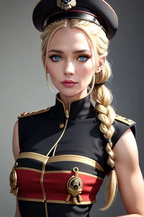 <lora:edgWar40kCommissarv1:0.7>, edgcommissar, millitary uniform, epaulettes, skull emblem, hat, wearing edgcommissar, cleavage,, (masterpiece, high quality, best quality:1.3), Detailed, barbarian woman, blue eyes, 170cm tall, (braided ponytail:1.2), single braid, (blonde hair:1.1), (heavy upper lips:1.1), (body full of scars:1.2), <lora:breastsizeslideroffset:-0.1>, <lora:muscle_slider_v1:1.2>, (everything Detailed), <lora:more_details:0.2>, <lora:add_detail:0.2>, <lora:detail_slider_v4:0.2>,