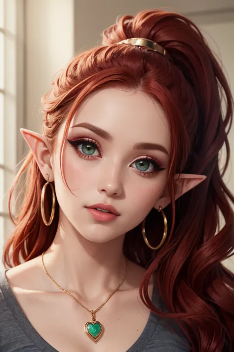 high ponytail,, (masterpiece, high quality, best quality:1.3), Detailed, 25 year old girl, (elf), (Red-headed:1.4), almond eyes, green eyes, long hair, [curly hair], (eye shadow makeup), 162cm tall, oval face, snub nose, heart-shaped lips, arched eyebrows, <lora:breastsizeslideroffset:0>, pendant, earrings