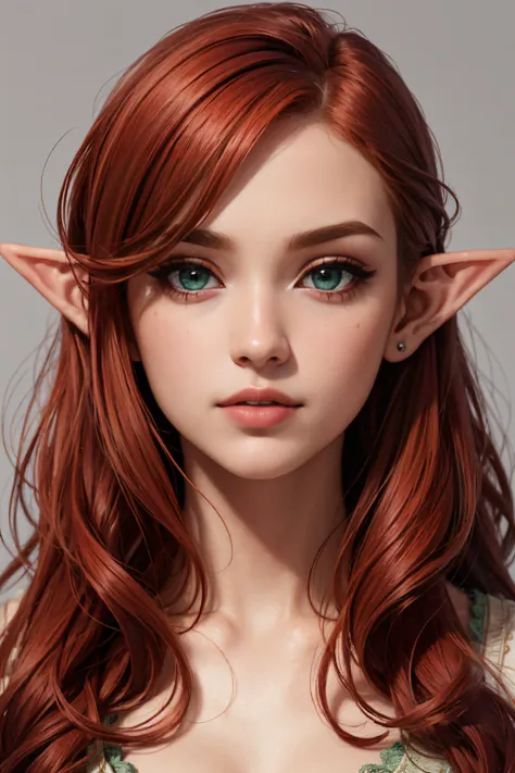 (masterpiece, high quality, best quality:1.3), Detailed, 25 year old girl, (elf), (Red-headed:1.4), almond eyes, green eyes, long hair, [curly hair], eye shadow makeup, 162cm tall, oval face, snub nose, heart-shaped lips, arched eyebrows, <lora:breastsizeslideroffset:0>,