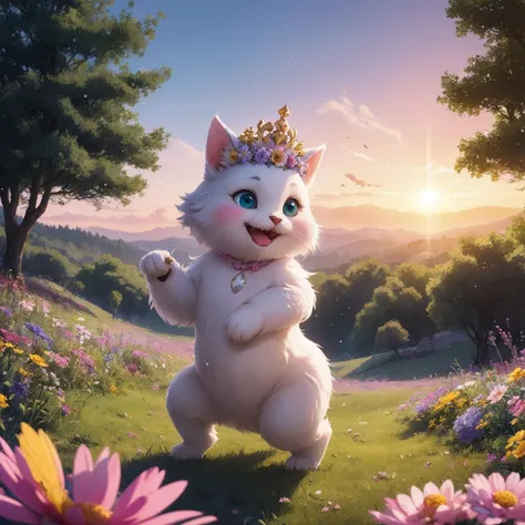 (High Quality:1.2), (Best Quality:1.2), (masterpiece:1.2), official art, official wallpaper, 4k textures,
(whimsical rabbit:cute rabbit:0.7), (furry creature), ((wild flower field)), sunrise, sky, color, gradient, pink, yellow, green, magical glitter, particles around waving ears, watercolor painting soft brush strokes, intricate flower patterns clothing decoration, fine linework illustration style , bubbly expressions, sparkling star shapes eye highlights, whisker detail, long floppy ears twitch, anthropomorphic standing pose, bigfoot feet, floral crown accessory on head, grassy hill as ground, abstract swirls tail movement blur, dreamlike atmosphere , pastel palettes, fantasy realm scene .