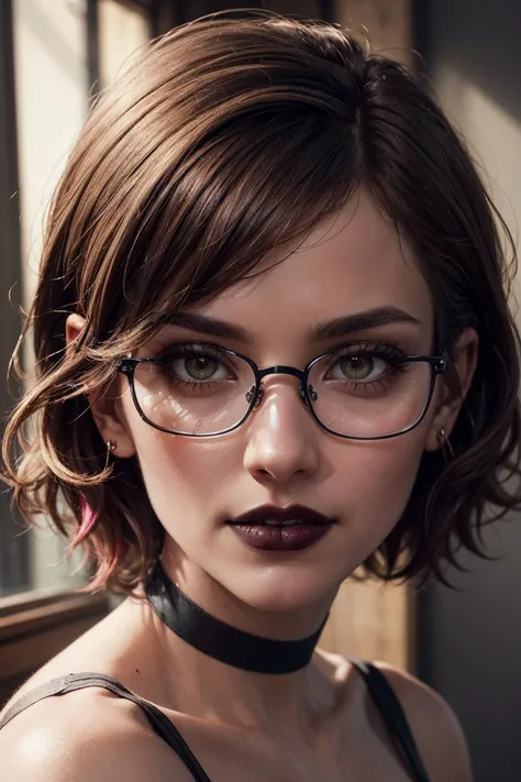 highly realistic, creative, sensual, extremely detailed, realistic, creative, and sensual, (masterpiece, high quality, best quality:1.3), (photorealism:1.3), (dynamic shadows, dynamic lighting:1.2), (natural skin texture:1.5), (natural lips, detailed lips:1.3), (natural shadows, detailed shadows:1.5), (hyperrealism, soft light, sharp), (hdr, hyperdetailed:1), (intricate details:0.8), detailed eyes, detailed hair, detailed skin, 8k, (cinematic look:1.4), insane details, intricate details, hyperdetailed, low contrast, soft cinematic light, exposure blend, hdr, faded, slate gray atmosphere, (everything Detailed), <lora:more_details:0.2>, <lora:add_detail:0.2>, <lora:detail_slider_v4:0.2> A photo of a young, nerdy woman. (looking at the viewer:1.4). ((short messy) dark brown hair:1.4), (slender), athletic, (dark lips:1.5), flirting with the camera. (white sclera), (square glasses:1.2). (choker). makeup, (jewelry). (smiling). (dyed hair, (highlights), pink hair color:1.1). (dominant, confident, seductive, intimidating:1.2) (depth of field, soft light, dramatic light, posing for the camera, professional fashion photoshoot). ((hazel brown) and (green:0.2) eyes)