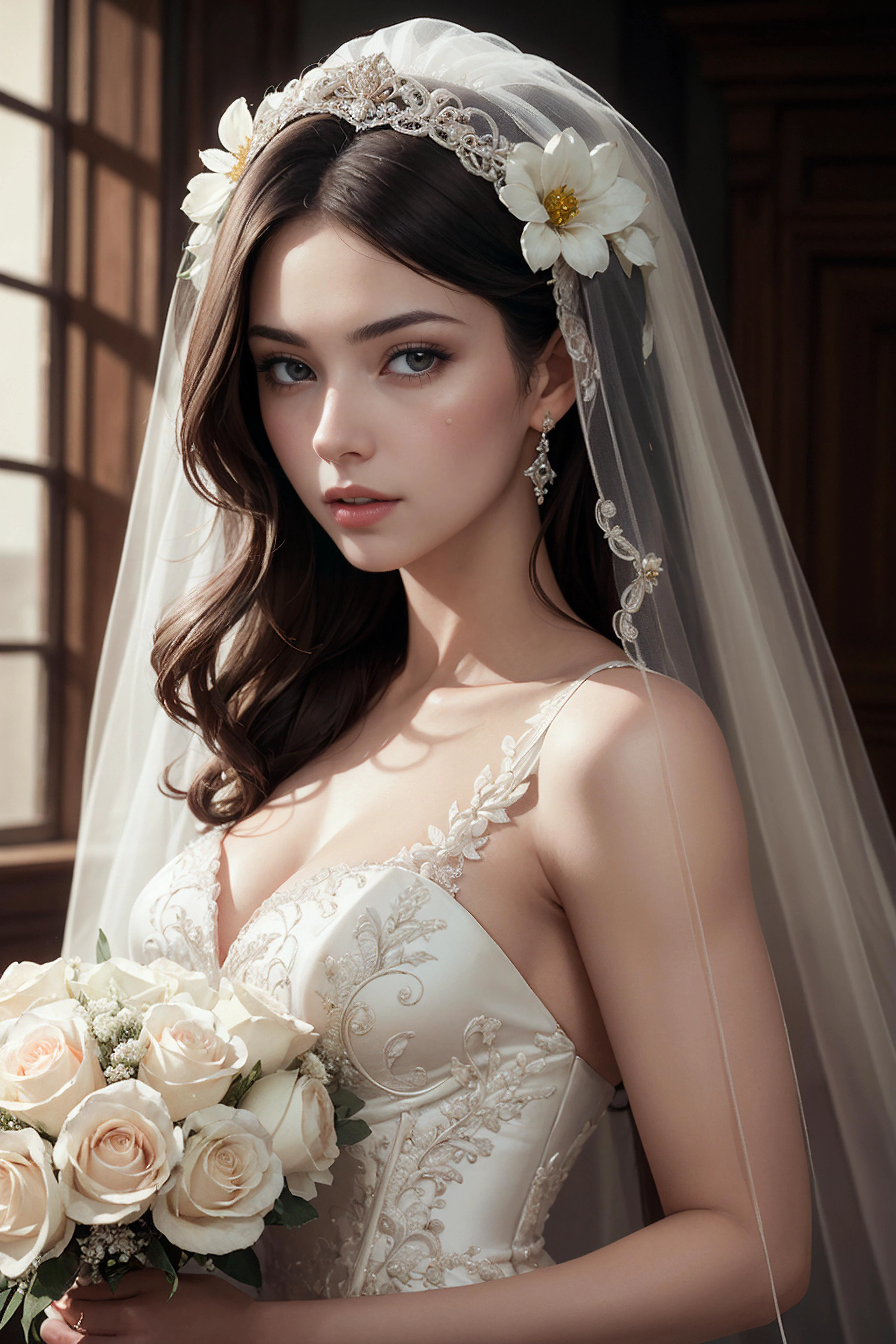 sensual, beautiful, female, woman, (bride:weddingdress:1.1), flower, lace, veil, romantic, passionate, love, desire, seduction, attractive,, Hyperrealistic art, (masterpiece, high quality, best quality:1.2), (intricate, detailed:1.2),Extremely high-resolution details, photographic, realism pushed to extreme, fine texture, incredibly lifelike