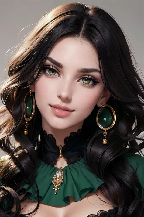 earrings, collar, cleavage, smile, shy smile, (masterpiece, high quality, best quality:1.3), Detailed, (beautiful girl:1.2), 157cm tall, 25-year-old young, (long, curly black hair:1.2), (long hair:1.2), (green eyes:1.1), (thin lips), (monolid eyes), realistic, (arched eyebrows), lip gloss, (eyeshadow:1.2), (makeup), (eyelashes), [slim waist], [medium breasts],