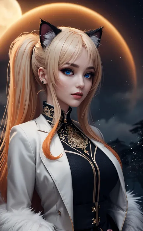 cowboyshot,dynamic angle,(fantasy style:1.2),(high quality:1.3),(best quality:1.3),(masterpiece:1.3),official art,official wallpaper,4k textures,(epic:1.2),sensualelegant,(cat ears:1.1),kitsune,beautiful eyes,amazing body,(curvaceous figure:1.1),sexysmiling lips,(slim waist:1.1),(large breasts:1.1),(soft fur:1.1),(voluptuous curves:1.1),(blue eyes:1.1),(glowing eyes:1.1),(orange hair:1.1),(flowing tail:1.1),sensually posed,flirtatious expression,alluring gaze,feminine charm,orange,(cat fur coat:1.2),exquisite makeup,glossy hair,(mysterious atmosphere:1.2),moonlight setting,midnight sky,(twilight:1.2),subtle sparkles,whimsical vibes,magical energy,(enchanting aura:1.1),(ethereal glow:1.1),(dreamlike world:1.4),(detailed:1.05),(extremely detailed:1.06),sharp focus,(intricate:1.03),(extremely intricate:1.04),(epic scenery:1.09),low contrast,soft cinematic light,soothing tones,hdr,(beautiful scenery:1.08),(detailed scenery:1.08),(intricate scenery:1.07),(wonderful scenery:1.05),(beautiful face:1.1),[perfect eyes:0.8],[perfect skin:0.8],[detailed face:0.8],[detailed eyes:0.8],[detailed hair:0.9],[detailed lips:0.8],((Artistic Minimalist: Monochromatic outfit with wide-leg pants, a tailored blazer, and minimalist accessories.:1.2)),high ponytail