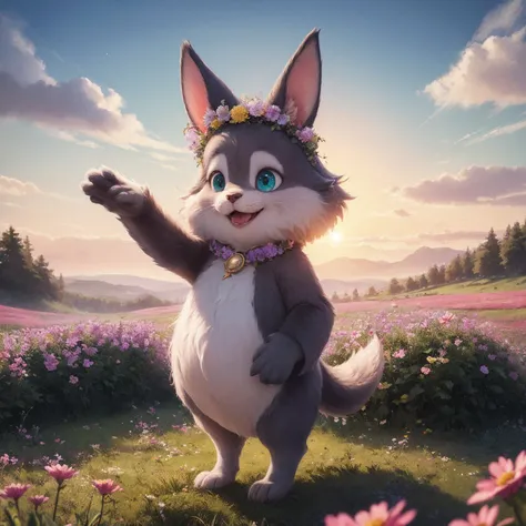 (High Quality:1.2), (Best Quality:1.2), (masterpiece:1.2), official art, official wallpaper, 4k textures,
(whimsical rabbit:cute rabbit:0.7), (furry creature), ((wild flower field)), sunrise, sky, color, gradient, pink, yellow, green, magical glitter, particles around waving ears, watercolor painting soft brush strokes, intricate flower patterns clothing decoration, fine linework illustration style , bubbly expressions, sparkling star shapes eye highlights, whisker detail, long floppy ears twitch, anthropomorphic standing pose, bigfoot feet, floral crown accessory on head, grassy hill as ground, abstract swirls tail movement blur, dreamlike atmosphere , pastel palettes, fantasy realm scene .
(detailed:1.05), (extremely detailed:1.06), sharp focus, (beautiful scenery:1.08), (detailed scenery:1.08), vibrant colors, HDR