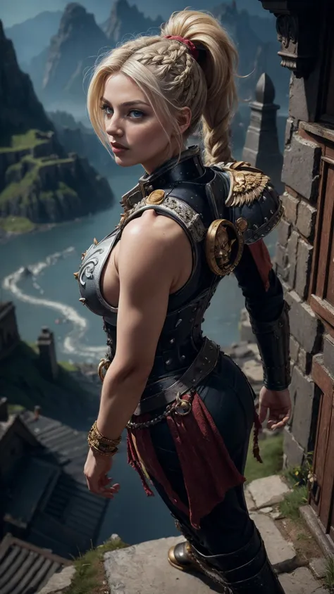 standing, (dynamic pose:1.33), (dynamic angle:1.5), from behind, barbarian woman, blue eyes, 175cm tall, (braided ponytail:1.41), (single braid:1.1), (blonde hair:1.3), (heavy upper lips:1.1), (body full of scars:1.11), muscular body, (high quality:1.36), (best quality:1.37), (masterpiece:1.38), official art, official wallpaper, (beautiful face:1.1), [perfect face], [perfect eyes], [perfect skin], [detailed face], [detailed eyes], [detailed hair], [detailed lips], edgadepta, wearing edgadepta, power armor, shoulder armor, skull emblem, lion, <lora:edgWar40KAdeptaSororitas:1>, cleavage, heels, blue, black, (red:1.1), silver, cinematic lighting, vibrant colors, (detailed:1.05), (extremely detailed:1.06), sharp focus, <lora:add_detail:0.5>, (intricate:1.03), (extremely intricate:1.04), graveyard, (epic scenery:1.09), (beautiful scenery:1.08), (detailed scenery:1.08), (intricate scenery:1.07), (wonderful scenery:1.05),