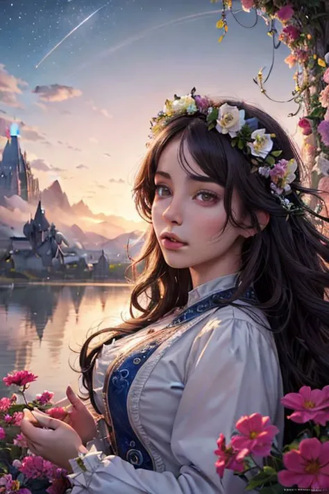 (high quality:1.4), (best quality:1.4), (masterpiece:1.4), official art, official wallpaper, surreal, beautifulgoddess, (1woman:1.1), (long wavy hair:1.1), (flower crown:1.1), (mystical creatures:1.1), (floating islands:1.1), (detailed landscape:1.1), (magic in the air:1.1), (stardust:1.1), night sky, (whimsical atmosphere:1.1), (dreamlike world:1.1), (bubbles:1.1), flying books, (luna moths:1.1), (moonlight:1.1), enchanted forest, (wisdom:1.1), (powerful energy:1.1), (guardian angels:1.1), (peaceful:1.1), vibrant colors, (detailed:1.05), (extremely detailed:1.06), sharp focus, (intricate:1.03), cinematic lighting, (extremely intricate:1.04), (epic scenery:1.09), vibrant colors, (beautiful scenery:1.08), (detailed scenery:1.08), (intricate scenery:1.07), (wonderful scenery:1.05),, (sharp focus,absurdres,high quality,masterpiece,highres,best quality:1.5)
