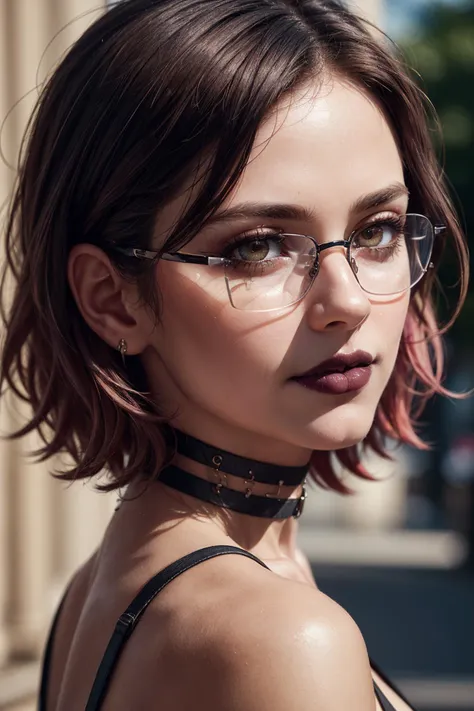 highly realistic, creative, sensual, extremely detailed, realistic, creative, and sensual, (masterpiece, high quality, best quality:1.3), (photorealism:1.3), (dynamic shadows, dynamic lighting:1.2), (natural skin texture:1.5), (natural lips, detailed lips:1.3), (natural shadows, detailed shadows:1.5), (hyperrealism, soft light, sharp), (hdr, hyperdetailed:1), (intricate details:0.8), detailed eyes, detailed hair, detailed skin, 8k, (cinematic look:1.4), insane details, intricate details, hyperdetailed, low contrast, soft cinematic light, exposure blend, hdr, faded, slate gray atmosphere, (everything Detailed), <lora:more_details:0.2>, <lora:add_detail:0.2>, <lora:detail_slider_v4:0.2> A photo of a young, nerdy woman. (looking at the viewer:1.4). ((short messy) dark brown hair:1.4), (slender), athletic, (dark lips:1.5), flirting with the camera. (white sclera), (square glasses:1.2). (choker). makeup, (jewelry). (smiling). (dyed hair, (highlights), pink hair color:1). (dominant, confident, seductive, intimidating:1.2) (depth of field, soft light, dramatic light, posing for the camera, professional fashion photoshoot). ((hazel brown) and (green:0.2) eyes) (extreme close-up)