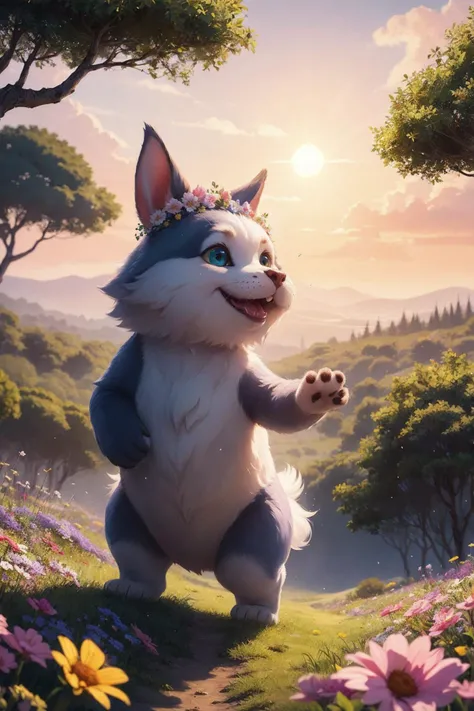 (High Quality:1.4), (Best Quality:1.4), (masterpiece:1.4), official art, official wallpaper, 4k textures,
(whimsical rabbit:cute rabbit:0.7), furry creature, ((wild flower field)), sunrise, sky, color, gradient, pink, yellow, green, magical glitter, particles around waving ears, watercolor painting soft brush strokes, intricate flower patterns clothing decoration, fine linework illustration style , bubbly expressions, sparkling star shapes eye highlights, whisker detail, long floppy ears twitch, anthropomorphic standing pose, bigfoot feet, floral crown accessory on head, grassy hill as ground, abstract swirls tail movement blur, dreamlike atmosphere , pastel palettes, fantasy realm scene .
(High Quality:1.4), (Best Quality:1.4), (masterpiece:1.4), official art, official wallpaper, 4k textures, (detailed:1.05), (extremely detailed:1.06), sharp focus, (Epic scenery:1.09), (beautiful scenery:1.08), (detailed scenery:1.08), (intricate scenery:1.07), (wonderful scenery:1.05), low contrast, soft cinematic light, soothing tones, HDR