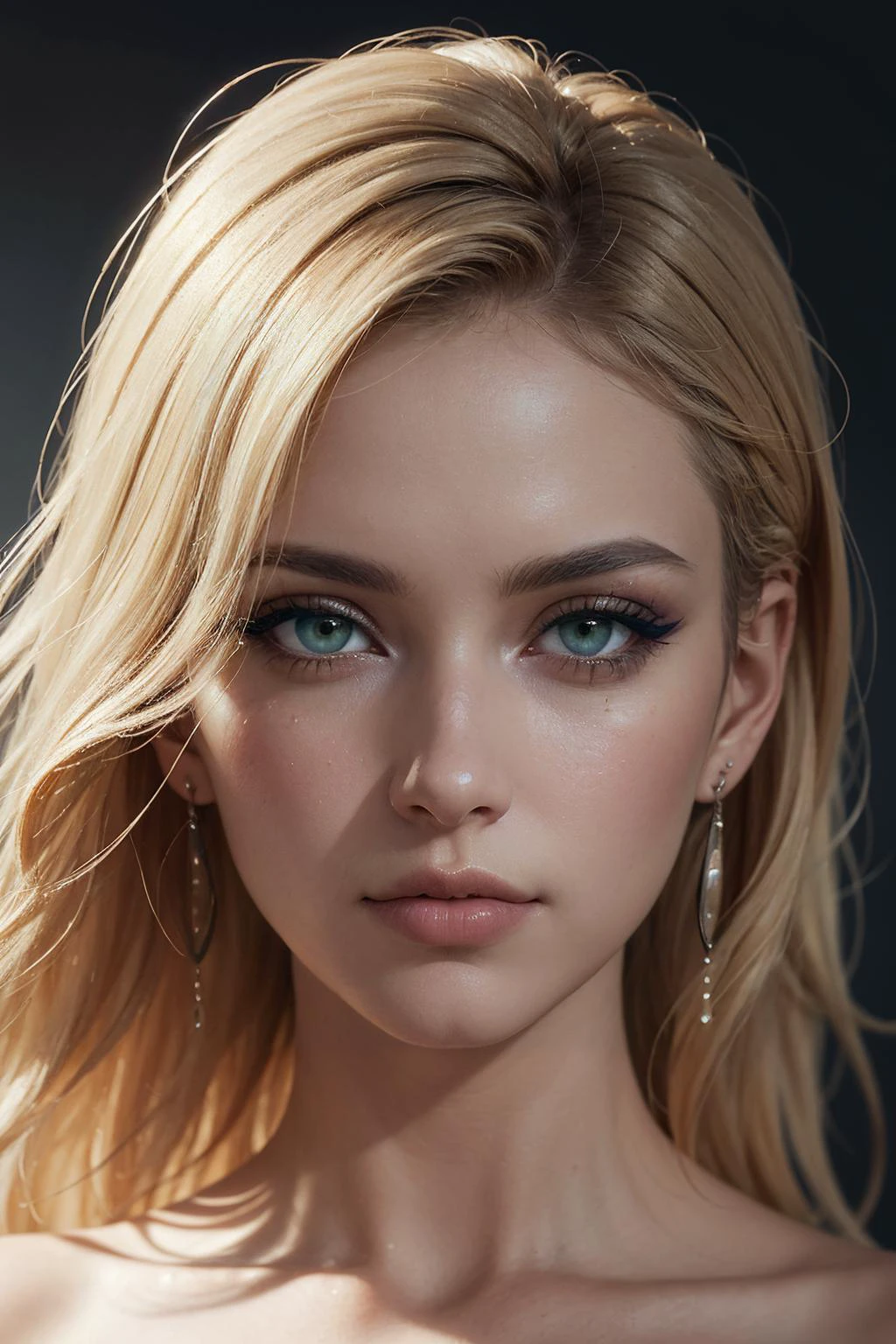 highly realistic, creative, sensual, (1woman:1.1), extremely detailed, long blonde hair, [blue eyes:green eyes:0.7], realistic, creative, and sensual, featuring a woman with long blonde hair and her eye color being a mix of blue and green with more inclination towards green., (heavy makeup:1.1), (eyeshadow:1.1), (closed mouth:1.4), lip gloss, pendant, earrings,, (masterpiece, high quality, best quality:1.3), (photorealism:1.3), (dynamic shadows, dynamic lighting:1.2), (natural skin texture:1.5), (natural lips, detailed lips:1.3), (natural shadows, detailed shadows:1.5), (hyperrealism, soft light, sharp), (hdr, hyperdetailed:1), (intricate details:0.8), detailed eyes, detailed hair, detailed skin, 8k, (cinematic look:1.4), insane details, intricate details, hyperdetailed, low contrast, soft cinematic light, exposure blend, hdr, faded, slate gray atmosphere, (everything Detailed), <lora:more_details:0.2>, <lora:add_detail:0.2>, <lora:detail_slider_v4:0.2>,