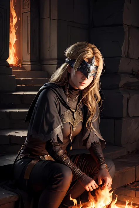 ((masterpiece, best quality)),1girl, <lora:firekeeper2:0.8> firekeeper, eye mask, sit, dark, realistic light, fire, dark souls, bonfire, stone stairs, deprecated, dark background <lora:add_detail:0.8>, facing viewer,