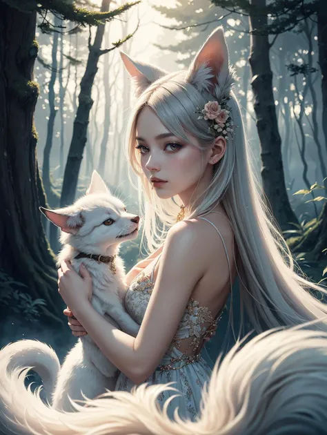 Kitsune, sensual dreamlike mix, album cover art, highly detailed illustration, vibrant colors, intricate fur patterns, ethereal atmosphere, whimsical setting, mystical forest, enchanting creatures, fantasy world,, (masterpiece, high quality, best quality:1.3), Detailed