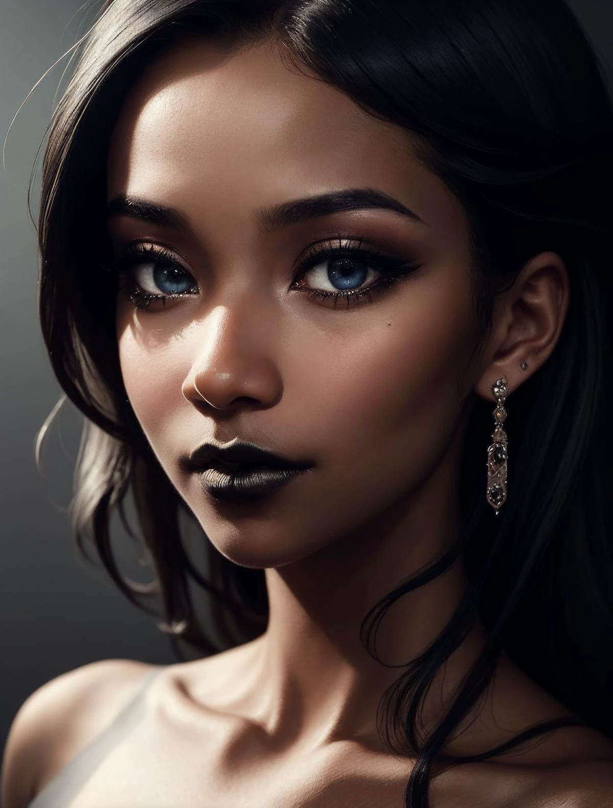 1girl, a professional photo, young girl, beautiful face, detailed face, (black skin color:1.3), (frizzy hair:1.2), detailed eye, black hair, long hair, sexy eyes, sexy lips, small nose, <lora:locon_perfecteyes_v1_from_v1_64_32:1>, perfecteyes eyes, skin detail, (upper body:1.5), eye makeup, earrings, perfect angle photo, black makeup,, (masterpiece, high quality, best quality:1.3), Detailed