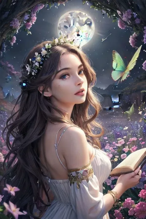 (high quality:1.4), (best quality:1.4), (masterpiece:1.4), official art, official wallpaper, surreal, beautifulgoddess, (1woman:1.1), (long wavy hair:1.1), (flower crown:1.1), (mystical creatures:1.1), (floating islands:1.1), (detailed landscape:1.1), (magic in the air:1.1), (stardust:1.1), night sky, (whimsical atmosphere:1.1), (dreamlike world:1.1), (bubbles:1.1), flying books, (luna moths:1.1), (moonlight:1.1), enchanted forest, (wisdom:1.1), (powerful energy:1.1), (guardian angels:1.1), (peaceful:1.1), vibrant colors, (detailed:1.05), (extremely detailed:1.06), sharp focus, (intricate:1.03), cinematic lighting, (extremely intricate:1.04), (epic scenery:1.09), vibrant colors, (beautiful scenery:1.08), (detailed scenery:1.08), (intricate scenery:1.07), (wonderful scenery:1.05),, (sharp focus,absurdres,high quality,masterpiece,highres,best quality:1.5)