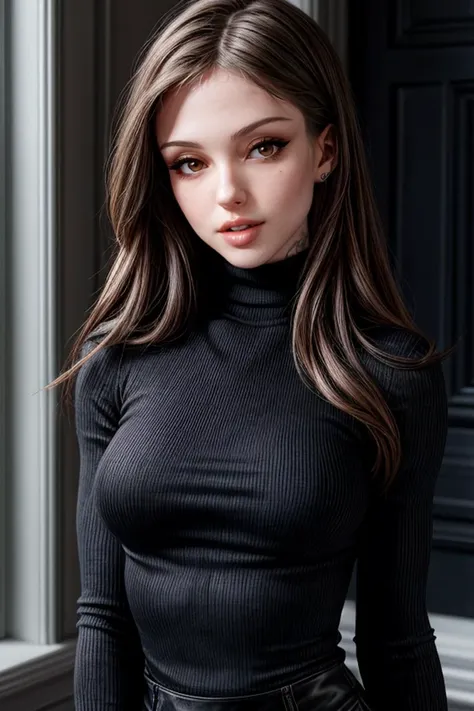 photo of beautiful d41ntywilder-240, eyeliner, sweater, turtleneck, close-up portrait, (masterpiece, high quality, best quality:1.3), Detailed <lora:LowRA:0.3> <lora:more_details:1>