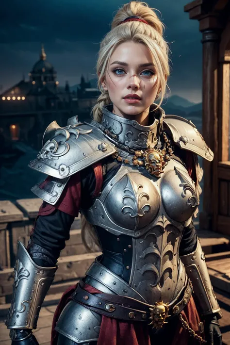(high quality:1.36), (best quality:1.37), (masterpiece:1.38), official art, official wallpaper, 
barbarian woman, blue eyes, 175cm tall, (braided ponytail:1.1), (blonde hair:1.3), (heavy upper lips:1.1), (body full of scars:1.2), muscular body, 
(beautiful face:1.1), [perfect face], [perfect eyes], [perfect skin], [detailed face], [detailed eyes], [detailed hair], [detailed lips], 
<lora:edgWar40KAdeptaSororitas:0.7>, edgadepta, wearing edgadepta, power armor, shoulder armor, skull emblem, lion, 
cleavage, thigs, 
blue, black, (red), silver, 
cinematic lighting, vibrant colors, 
(detailed:1.05), (extremely detailed:1.06), sharp focus, <lora:add_detail:0.5>, <lora:more_details:0.2>, (intricate:1.03), (extremely intricate:1.04), 
(epic scenery:1.09), (beautiful scenery:1.08), (detailed scenery:1.08), (intricate scenery:1.07), (wonderful scenery:1.05), (upper body), ((pose)),