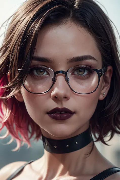highly realistic, creative, sensual, extremely detailed, realistic, creative, and sensual, (masterpiece, high quality, best quality:1.3), (photorealism:1.3), (dynamic shadows, dynamic lighting:1.2), (natural skin texture:1.5), (natural lips, detailed lips:1.3), (natural shadows, detailed shadows:1.5), (hyperrealism, soft light, sharp), (hdr, hyperdetailed:1), (intricate details:0.8), detailed eyes, detailed hair, detailed skin, 8k, (cinematic look:1.4), insane details, intricate details, hyperdetailed, low contrast, soft cinematic light, exposure blend, hdr, faded, slate gray atmosphere, (everything Detailed), <lora:more_details:0.2>, <lora:add_detail:0.2>, <lora:detail_slider_v4:0.2>  A photo of a young, nerdy woman. (looking at the viewer:1.4). ((short messy) dark brown hair:1.4), (slender), athletic, (dark lips:1.5), flirting with the camera. (white sclera), (square glasses:1.2).  (choker). makeup, (jewelry). (smiling). (dyed hair, (highlights), pink hair color:1.1). (dominant, confident, seductive, intimidating:1.2) (depth of field, soft light, dramatic light, posing for the camera, professional fashion photoshoot). ((hazel brown) and (green:0.2) eyes)