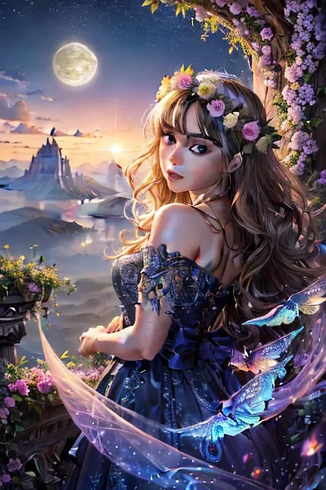 (high quality:1.4), (best quality:1.4), (masterpiece:1.4), official art, official wallpaper, surreal, beautifulgoddess, (1woman:1.1), (long wavy hair:1.1), (flower crown:1.1), (mystical creatures:1.1), (floating islands:1.1), (detailed landscape:1.1), (magic in the air:1.1), (stardust:1.1), night sky, (whimsical atmosphere:1.1), (dreamlike world:1.1), (bubbles:1.1), flying books, (luna moths:1.1), (moonlight:1.1), enchanted forest, (wisdom:1.1), (powerful energy:1.1), (guardian angels:1.1), (peaceful:1.1), vibrant colors, (detailed:1.05), (extremely detailed:1.06), sharp focus, (intricate:1.03), cinematic lighting, (extremely intricate:1.04), (epic scenery:1.09), vibrant colors, (beautiful scenery:1.08), (detailed scenery:1.08), (intricate scenery:1.07), (wonderful scenery:1.05),, (sharp focus,absurdres,high quality,masterpiece,highres,best quality:1.5)