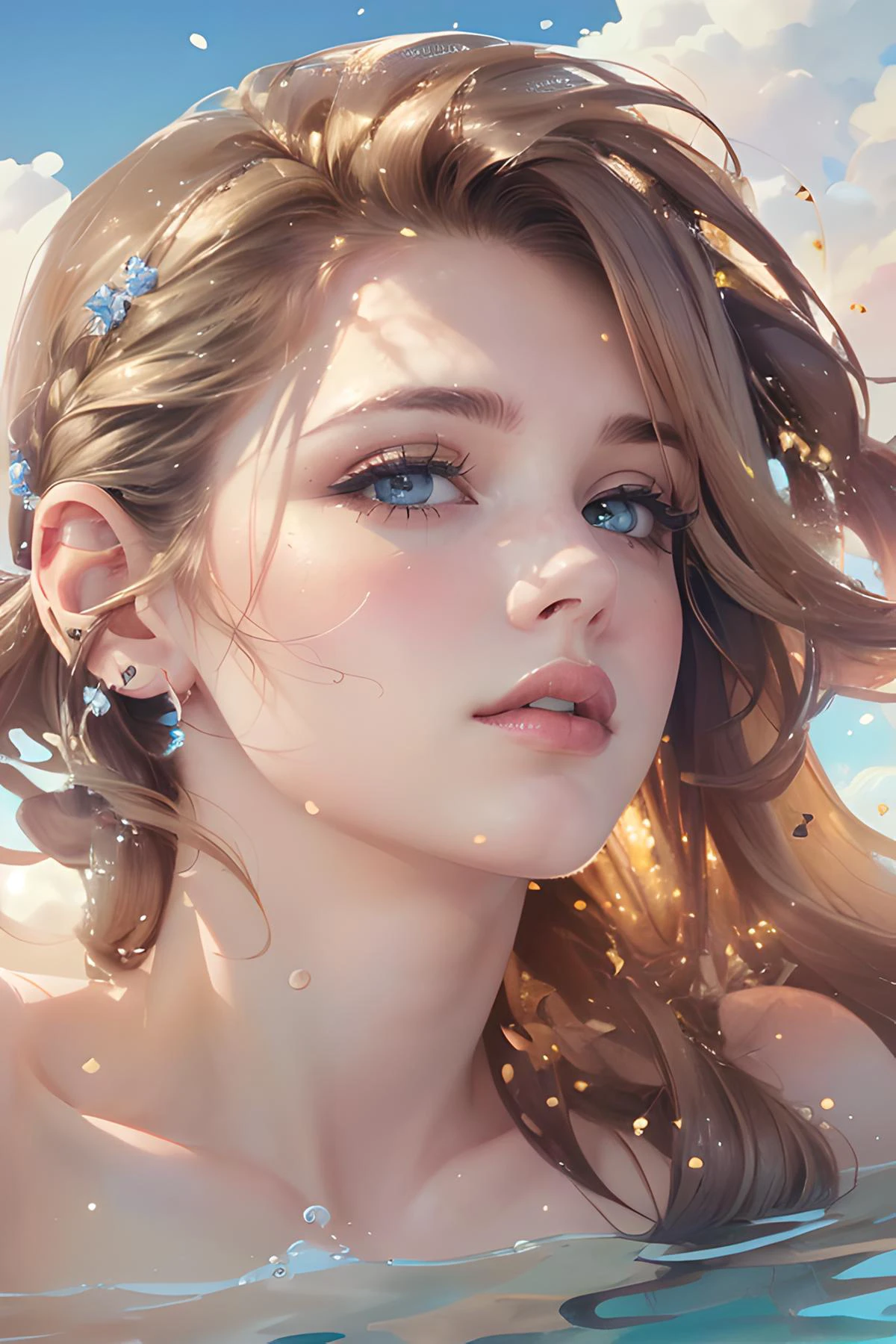 (1girl, solo:1.2), (the perfect female form, (perfect face, detailed face, full lips, glossy lips, blush, eyeliner:1.1), expressive eyes), (blonde hair). hand in hairs, (cute, adorable), (masterpiece, best quality:1.4), (beautiful, aesthetic, perfect, finely, delicate, intricate:1.2), (depth of field:1.2), (realistic:1.3), cinematic shot, dynamic light, mood lighting, teasing, (modern luxurious penthouse, rooftop, swimming pool, sky with clouds:1.4), golden lights, sparks, light particles, magic, fantasy, (wide-angle shot:1.5), Fullbody on camera, (long shot:1.1), <hypernet:OverallDetail:1.5>