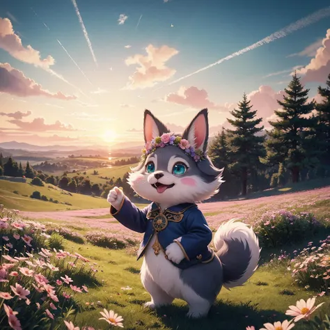 (High Quality:1.4), (Best Quality:1.4), (masterpiece:1.4), official art, official wallpaper, 4k textures,
(whimsical rabbit:cute rabbit:0.7) furry creature ((wild flower field)), sunrise sky color gradient pink yellow green, magical glitter particles around waving ears, watercolor painting soft brush strokes, intricate flower patterns clothing decoration, fine linework illustration style , bubbly expressions, sparkling star shapes eye highlights, whisker detail, long floppy ears twitch, anthropomorphic standing pose, bigfoot feet, floral crown accessory on head, grassy hill as ground, abstract swirls tail movement blur, dreamlike atmosphere , pastel palettes, fantasy realm scene .
(High Quality:1.4), (Best Quality:1.4), (masterpiece:1.4), official art, official wallpaper, 4k textures, (detailed:1.05), (extremely detailed:1.06), sharp focus, (intricate:1.03), (extremely intricate:1.04), (Epic scenery:1.09), (beautiful scenery:1.08), (detailed scenery:1.08), (intricate scenery:1.07), (wonderful scenery:1.05), low contrast, soft cinematic light, soothing tones, HDR