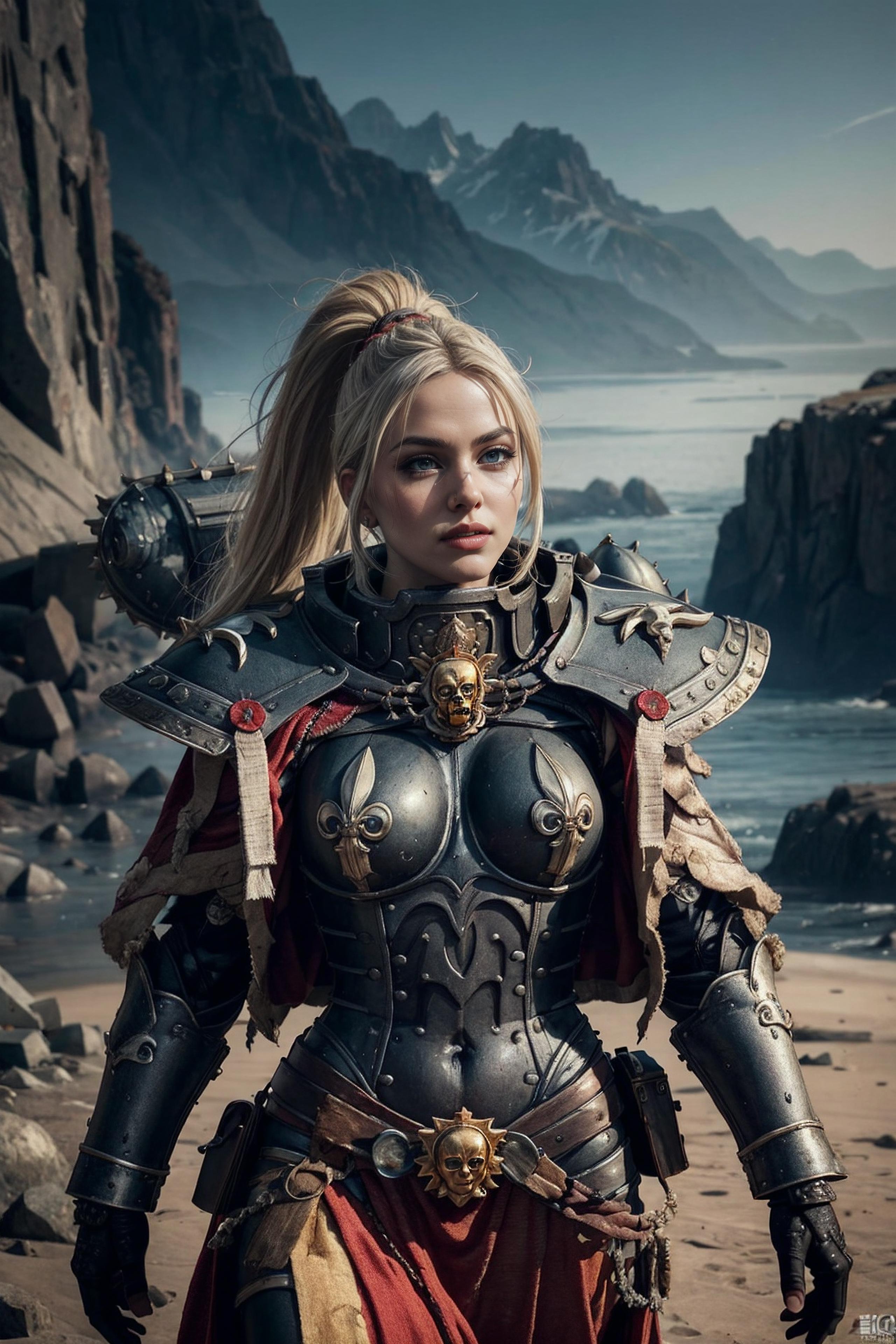 A woman in armor standing on a beach next to the ocean - SeaArt AI