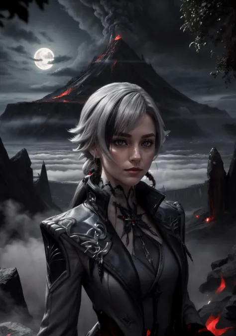 The Crimson Citadel: A towering fortress built into the side of a blood-red mountain. Lava flows down the mountainside, and ominous clouds shroud the citadel, giving it an imposing presence,<lora:BloodMagic:0.4>,bloodmagic,fantasy,magical energy,blood,<lora:arle:0.8>,1girl,solo,white hair,black hair,multicolored hair,x-shaped pupils,black eyes,arle_suit,long ponytail, AS-AdultV2,cowboyshot,dynamic angle,(fantasy style:1.2),(high quality:1.3),(best quality:1.3),(masterpiece:1.3),official art,official wallpaper,4k textures,(epic:1.2),(mysterious atmosphere:1.2),moonlight setting,midnight sky,(twilight:1.2),subtle sparkles,whimsical vibes,(detailed:1.05),(extremely detailed:1.06),sharp focus,(intricate:1.03),(extremely intricate:1.04),low contrast,soft cinematic light,soothing tones,hdr,(beautiful scenery:1.08),(detailed scenery:1.08),(intricate scenery:1.07),(wonderful scenery:1.05),(beautiful face:1.1),[perfect eyes:0.8],[perfect skin:0.8],[detailed face:0.8],[detailed eyes:0.8],[detailed hair:0.9],[detailed lips:0.8]