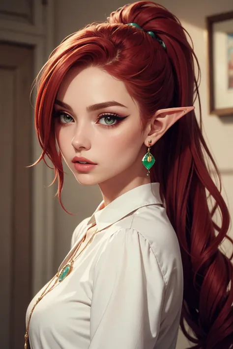 high ponytail,, (masterpiece, high quality, best quality:1.3), Detailed, 25 year old girl, (elf), (Red-headed:1.4), almond eyes, green eyes, long hair, [curly hair], (eye shadow makeup), 162cm tall, oval face, snub nose, heart-shaped lips, arched eyebrows, <lora:breastsizeslideroffset:0>, pendant, earrings