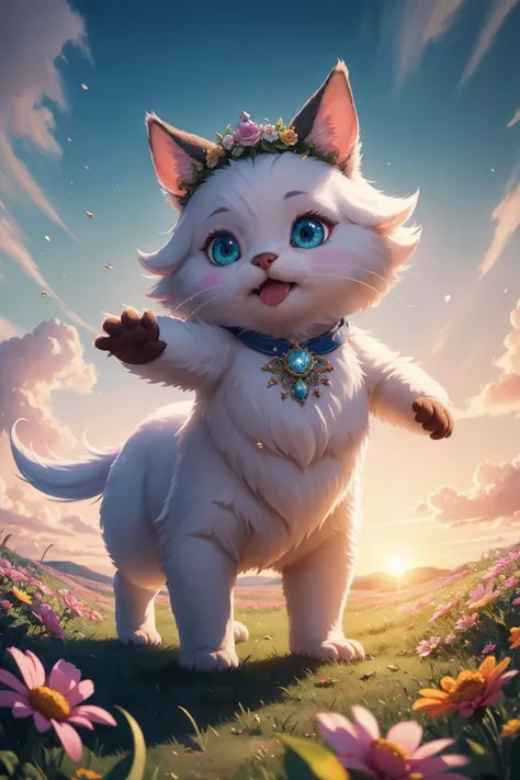 (High Quality:1.4), (Best Quality:1.4), (masterpiece:1.4), official art, official wallpaper, 4k textures,
(whimsical rabbit:cute rabbit:0.7) furry creature ((wild flower field)), sunrise sky color gradient pink yellow green, magical glitter particles around waving ears, watercolor painting soft brush strokes, intricate flower patterns clothing decoration, fine linework illustration style , bubbly expressions, sparkling star shapes eye highlights, whisker detail, long floppy ears twitch, anthropomorphic standing pose, bigfoot feet, floral crown accessory on head, grassy hill as ground, abstract swirls tail movement blur, dreamlike atmosphere , pastel palettes, fantasy realm scene .
(High Quality:1.4), (Best Quality:1.4), (masterpiece:1.4), official art, official wallpaper, 4k textures, (detailed:1.05), (extremely detailed:1.06), sharp focus, (intricate:1.03), (extremely intricate:1.04), (Epic scenery:1.09), (beautiful scenery:1.08), (detailed scenery:1.08), (intricate scenery:1.07), (wonderful scenery:1.05), low contrast, soft cinematic light, soothing tones, HDR