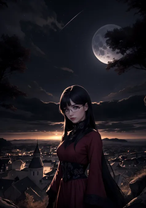 glasses,long hair,bangs,raven black hair with a sleek-effect hime cut,bored,red dress, AS-AdultV2,cowboyshot,dynamic angle,(fantasy style:1.2),(high quality:1.3),(best quality:1.3),(masterpiece:1.3),official art,official wallpaper,4k textures,(epic:1.2),(mysterious atmosphere:1.2),moonlight setting,midnight sky,(twilight:1.2),subtle sparkles,whimsical vibes,(detailed:1.05),(extremely detailed:1.06),sharp focus,(intricate:1.03),(extremely intricate:1.04),low contrast,soft cinematic light,soothing tones,hdr,(beautiful scenery:1.08),(detailed scenery:1.08),(intricate scenery:1.07),(wonderful scenery:1.05),(beautiful face:1.1),[perfect eyes:0.8],[perfect skin:0.8],[detailed face:0.8],[detailed eyes:0.8],[detailed hair:0.9],[detailed lips:0.8]