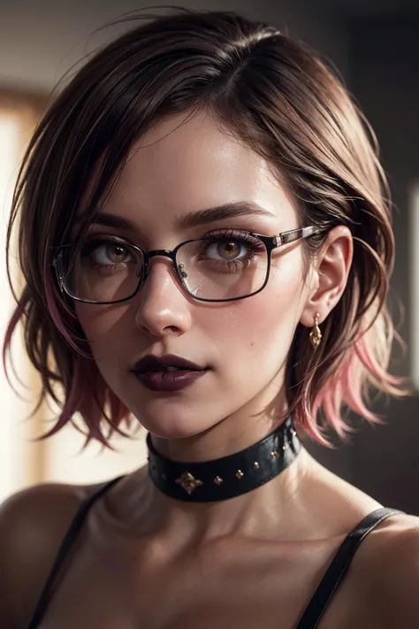 highly realistic, creative, sensual, extremely detailed, realistic, creative, and sensual, (masterpiece, high quality, best quality:1.3), (photorealism:1.3), (dynamic shadows, dynamic lighting:1.2), (natural skin texture:1.5), (natural lips, detailed lips:1.3), (natural shadows, detailed shadows:1.5), (hyperrealism, soft light, sharp), (hdr, hyperdetailed:1), (intricate details:0.8), detailed eyes, detailed hair, detailed skin, 8k, (cinematic look:1.4), insane details, intricate details, hyperdetailed, low contrast, soft cinematic light, exposure blend, hdr, faded, slate gray atmosphere, (everything Detailed), <lora:more_details:0.2>, <lora:add_detail:0.2>, <lora:detail_slider_v4:0.2> A photo of a young, nerdy woman. (looking at the viewer:1.4). ((short messy) dark brown hair:1.4), (slender), athletic, (dark lips:1.5), flirting with the camera. (white sclera), (square glasses:1.2). (choker). makeup, (jewelry). (smiling). (dyed hair, (highlights), pink hair color:1.1). (dominant, confident, seductive, intimidating:1.2) (depth of field, soft light, dramatic light, posing for the camera, professional fashion photoshoot). ((hazel brown) and (green:0.2) eyes)