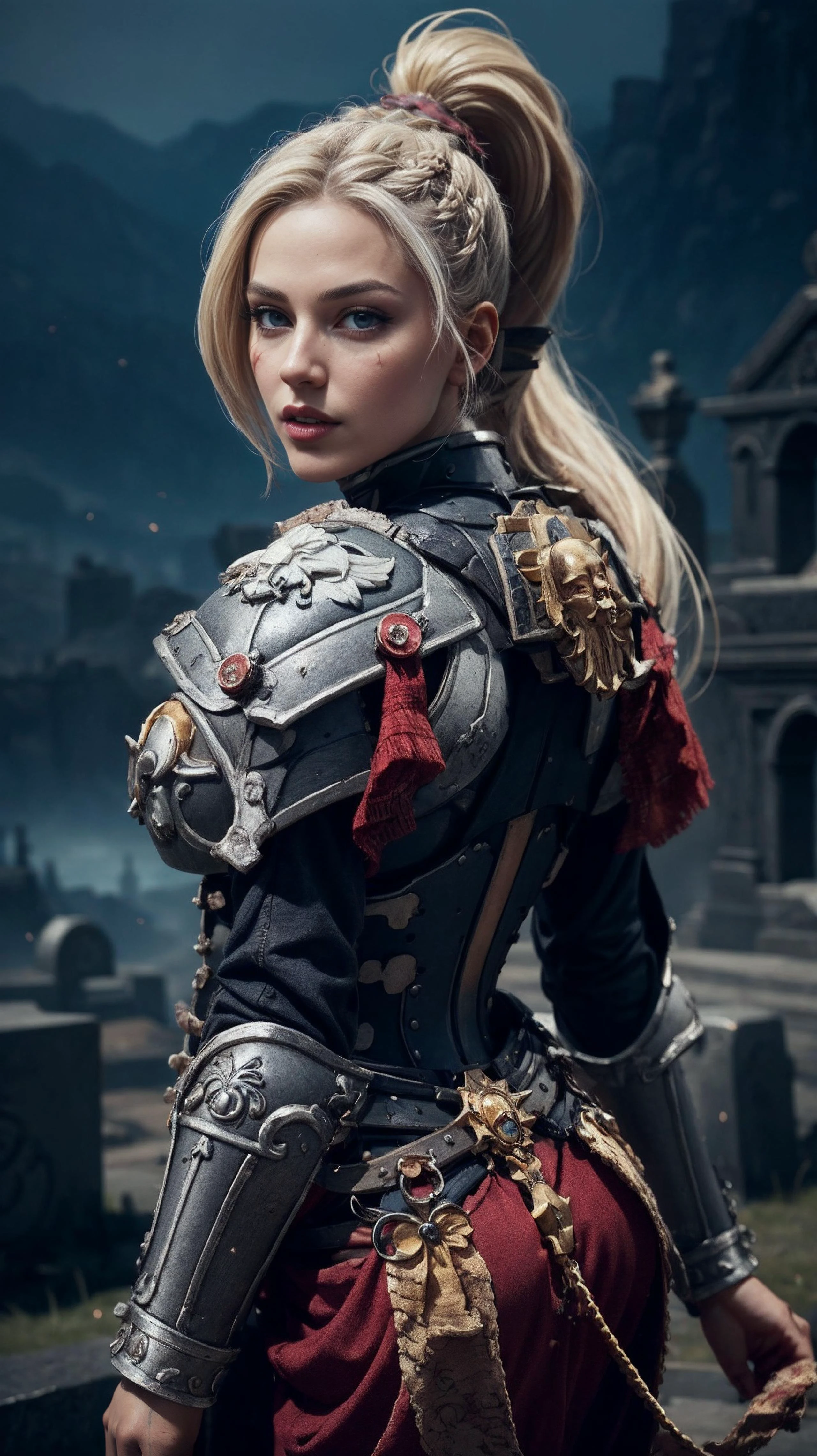 (dynamic pose:1.41), (dynamic angle:1.5), from behind, barbarian woman, blue eyes, 175cm tall, (braid:1.12), (braided ponytail:1.11), (blonde hair:1.2), (heavy upper lips:1.1), (body full of scars:1.11), muscular body, (high quality:1.36), (best quality:1.37), (masterpiece:1.38), official art, official wallpaper, (beautiful face:1.1), [perfect face], [perfect eyes], [perfect skin], [detailed face], [detailed eyes], [detailed hair], [detailed lips], <lora:edgWar40KAdeptaSororitas:0.9>, edgadepta, wearing edgadepta, power armor, shoulder armor, skull emblem, shoulders, cleavage, blue, black, silver, cinematic lighting, vibrant colors, (detailed:1.05), (extremely detailed:1.06), sharp focus, <lora:add_detail:0.5>, (intricate:1.03), (extremely intricate:1.04), graveyard, (epic scenery:1.09), (beautiful scenery:1.08), (detailed scenery:1.08), (intricate scenery:1.07), (wonderful scenery:1.05),
