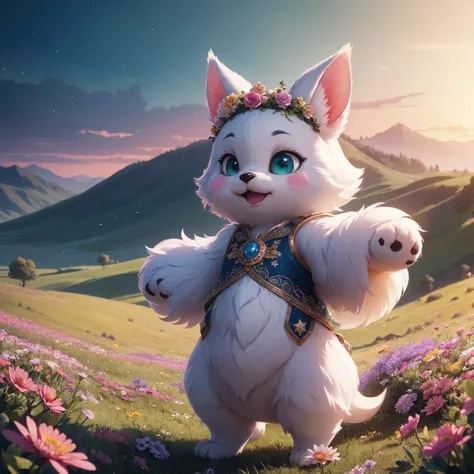 (High Quality:1.4), (Best Quality:1.4), (masterpiece:1.4), official art, official wallpaper, 4k textures,
masterpiece, (whimsical rabbit:cute rabbit:0.7) furry creature ((wild flower field)), sunrise sky color gradient pink yellow green, magical glitter particles around waving ears, watercolor painting soft brush strokes, intricate flower patterns clothing decoration, fine linework illustration style , bubbly expressions, sparkling star shapes eye highlights, whisker detail, long floppy ears twitch, anthropomorphic standing pose, bigfoot feet, floral crown accessory on head, grassy hill as ground, abstract swirls tail movement blur, dreamlike atmosphere , pastel palettes, fantasy realm scene .
(High Quality:1.4), (Best Quality:1.4), (masterpiece:1.4), official art, official wallpaper, 4k textures, (detailed:1.05), (extremely detailed:1.06), sharp focus, (intricate:1.03), (extremely intricate:1.04), (Epic scenery:1.09), (beautiful scenery:1.08), (detailed scenery:1.08), (intricate scenery:1.07), (wonderful scenery:1.05), low contrast, soft cinematic light, soothing tones, HDR