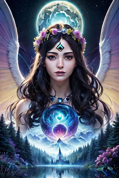 (high quality:1.4), (best quality:1.4), (masterpiece:1.4), official art, official wallpaper, surreal, beautifulgoddess, (1woman:1.1), (long wavy hair:1.1), (flower crown:1.1), (mystical creatures:1.1), (floating islands:1.1), (detailed landscape:1.1), (magic in the air:1.1), (stardust:1.1), night sky, (whimsical atmosphere:1.1), (dreamlike world:1.1), (bubbles:1.1), flying books, (luna moths:1.1), (moonlight:1.1), enchanted forest, (wisdom:1.1), (powerful energy:1.1), (guardian angels:1.1), (peaceful:1.1), vibrant colors, (detailed:1.05), (extremely detailed:1.06), sharp focus, (intricate:1.03), cinematic lighting, (extremely intricate:1.04), (epic scenery:1.09), vibrant colors, (beautiful scenery:1.08), (detailed scenery:1.08), (intricate scenery:1.07), (wonderful scenery:1.05),, (sharp focus,absurdres,high quality,masterpiece,highres,best quality:1.5)
