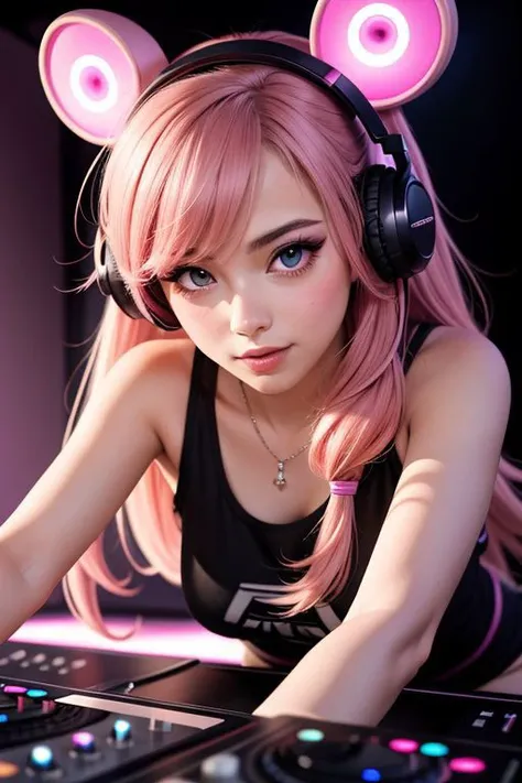 Perfect looking dj girl  19, pink illuminated headphone looking at viewer, realistic high detail eyes, heavy eyeshadow, performing