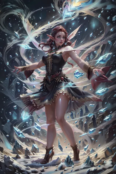 ethereal fantasy concept art of glossy pink, natural red hair, upper body, earrings, collar, princess, black dress, exquisite dress, extremely intricate, extremely detailed, <lora:Concept - Cryomancer:0.9>, magic, cryokinesis, dynamic pose, fighting stance, casting spell,, (masterpiece, high quality, best quality:1.3), Detailed, 25 year old girl, (elf), (Red-headed:1.1), cleric, almond eyes, green eyes, eye shadow makeup, 162cm tall, oval face, snub nose, heart-shaped lips, arched eyebrows, (full body:1.5) . magnificent, celestial, ethereal, painterly, epic, majestic, magical, fantasy art, cover art, dreamy