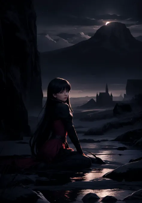 glasses,long hair,bangs,raven black hair with a sleek-effect hime cut,bored,red dress, AS-AdultV2,cowboyshot,dynamic angle,(fantasy style:1.2),(high quality:1.3),(best quality:1.3),(masterpiece:1.3),official art,official wallpaper,4k textures,(epic:1.2),(mysterious atmosphere:1.2),moonlight setting,midnight sky,(twilight:1.2),subtle sparkles,whimsical vibes,(detailed:1.05),(extremely detailed:1.06),sharp focus,(intricate:1.03),(extremely intricate:1.04),low contrast,soft cinematic light,soothing tones,hdr,(beautiful scenery:1.08),(detailed scenery:1.08),(intricate scenery:1.07),(wonderful scenery:1.05),(beautiful face:1.1),[perfect eyes:0.8],[perfect skin:0.8],[detailed face:0.8],[detailed eyes:0.8],[detailed hair:0.9],[detailed lips:0.8]
