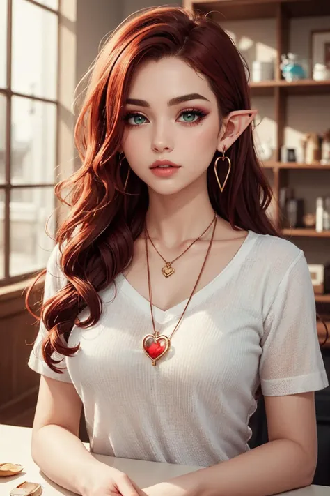 heart pendant, heart earrings,, (masterpiece, high quality, best quality:1.3), Detailed, 25 year old girl, (elf), (Red-headed:1.4), almond eyes, green eyes, long hair, [curly hair], (eye shadow makeup), 162cm tall, oval face, snub nose, heart-shaped lips, arched eyebrows, <lora:breastsizeslideroffset:0>, heart pendant, heart earrings