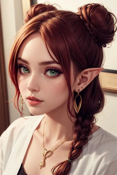 bun braid,, (masterpiece, high quality, best quality:1.3), Detailed, 25 year old girl, (elf, pointy ears), (Red-headed:1.4), almond eyes, green eyes, long hair, [curly hair], (eye shadow makeup), 162cm tall, oval face, snub nose, heart-shaped lips, arched eyebrows, <lora:breastsizeslideroffset:0>, pendant, earrings