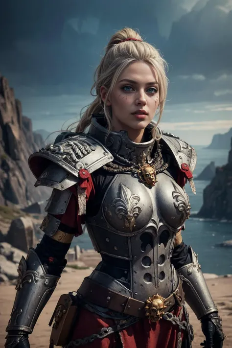 (high quality:1.36), (best quality:1.37), (masterpiece:1.38), official art, official wallpaper, 
barbarian woman, blue eyes, 175cm tall, (braided ponytail:1.1), (blonde hair:1.3), (heavy upper lips:1.1), (body full of scars:1.2), muscular body, 
(beautiful face:1.1), [perfect face], [perfect eyes], [perfect skin], [detailed face], [detailed eyes], [detailed hair], [detailed lips], 
<lora:edgWar40KAdeptaSororitas:0.8>, edgadepta, wearing edgadepta, power armor, shoulder armor, skull emblem, lion, 
cleavage, thigs, 
blue, black, (red), silver, 
cinematic lighting, vibrant colors, 
(detailed:1.05), (extremely detailed:1.06), sharp focus, <lora:add_detail:0.5>, <lora:more_details:0.2>, (intricate:1.03), (extremely intricate:1.04), 
(epic scenery:1.09), (beautiful scenery:1.08), (detailed scenery:1.08), (intricate scenery:1.07), (wonderful scenery:1.05), (upper body), ((pose)), sexy,