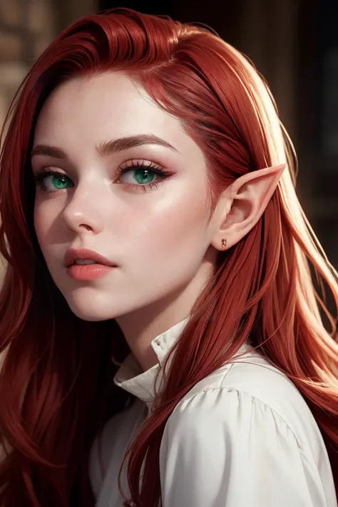 glossy pink,, (masterpiece, high quality, best quality:1.3), Detailed, 25 year old girl, (elf), (red hair:1.2), cleric, almond eyes, green eyes, eye shadow makeup, 162cm tall, oval face, snub nose, heart-shaped lips, arched eyebrows