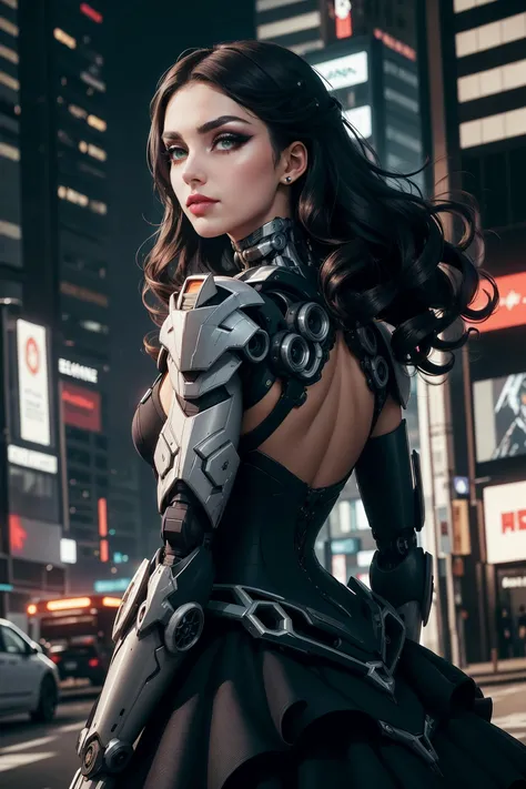 Techwear fashion (closed mouth:1.3), choker, (edgmecha:1.5), (ballgown:1.5), black dress, (mecha dress:1.3), standing in front of a city at night, <lora:edgRoboGown:1>, from behind,, (masterpiece, high quality, best quality:1.3), Detailed, (beautiful girl:1.2), 157cm tall, 25-year-old young, (long, curly black hair:1.2), (long hair:1.2), (green eyes:1.1), (thin lips), (monolid eyes), realistic, (arched eyebrows), lip gloss, (eyeshadow:1.2), (makeup), (eyelashes) . Futuristic, cyberpunk, urban, tactical, sleek, dark, highly detailed