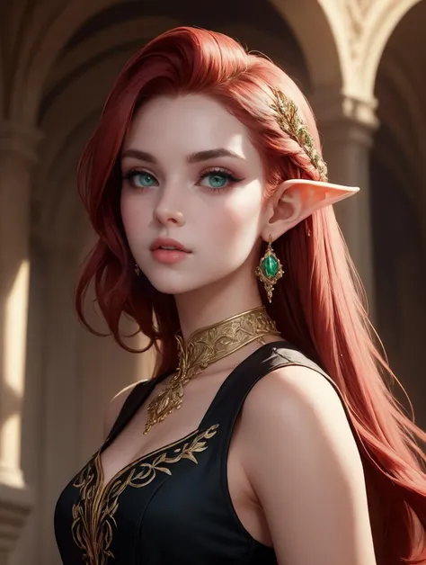 ethereal fantasy concept art of  glossy pink, natural red hair, upper body, earrings, collar, princess, black dress, exquisite dress, ornate dress, extremely intricate, extremely detailed, detailed face, perfect angle,, (masterpiece, high quality, best quality:1.3), Detailed, 25 year old girl, (elf), (Red-headed:1.1), cleric, almond eyes, green eyes, eye shadow makeup, 162cm tall, oval face, snub nose, heart-shaped lips, arched eyebrows . magnificent, celestial, ethereal, painterly, epic, majestic, magical, fantasy art, cover art, dreamy