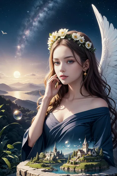 surreal, beautifulgoddess, (1woman), (long wavy hair), (flower crown), (mystical creatures), (floating islands), (detailed landscape), (magic in the air), (stardust), night sky, (whimsical atmosphere), (dreamlike world), (bubbles), flying books, (luna moths), (moonlight), enchanted forest, (wisdom), (powerful energy), (guardian angels), (peaceful), vibrant colors, 
,, (masterpiece, high quality, best quality:1.3), Detailed