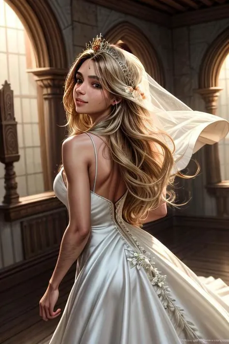 An Indian woman,<lora:Wrise_Rapunzel:0.4>, rapunzel, (long hair:1.4), (very long hair:1.45), (absurdly long hair:1.5), blonde hair, smile, shy smile, high heels, earring, collar, (white dress:1.5), (wedding crown:1.2), (wedding dress:1.5), (bridal dress:1.2), (flower:1.2), (wedding party:1.2), from behind,, (masterpiece, high quality, best quality:1.3), (photorealism:1.3), (dynamic shadows, dynamic lighting:1.2), (natural skin texture:1.5), (natural lips, detailed lips:1.3), (natural shadows, detailed shadows:1.5), (hyperrealism, soft light, sharp), (hdr, hyperdetailed:1), (intricate details:0.8), detailed eyes, detailed hair, detailed skin, 8k, (cinematic look:1.4), insane details, intricate details, hyperdetailed, low contrast, soft cinematic light, exposure blend, hdr, faded, slate gray atmosphere, (everything Detailed), <lora:more_details:0.2>, <lora:add_detail:0.2>, <lora:detail_slider_v4:0.2>,