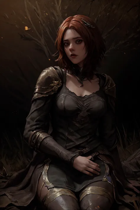 <lora:eldenRingLora_v3:1> (elden ring style:1.2), 8k, RAW photo, highest quality, (oil painting:1.3), masterpiece, best quality, highres,sharp features,cold expression, dramatic shadows, ominous background, cinematic composition, perfect lighting, perfect shading, solo, outdoors, landscape , looking at viewer, medium hair, yellow tree glowing, yellow particles glowing, medium hair, ((dark red hair)), grace, <lora:lyn:0.8> lyparra