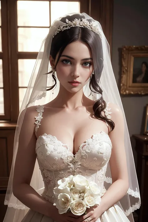 sensual, beautiful, female, woman, (bride:weddingdress), flower, lace, veil, romantic, passionate, love, desire, seduction, attractive,, Hyperrealistic art, (masterpiece, high quality, best quality:1.2), (intricate, detailed:1.2),Extremely high-resolution details, photographic, realism pushed to extreme, fine texture, incredibly lifelike