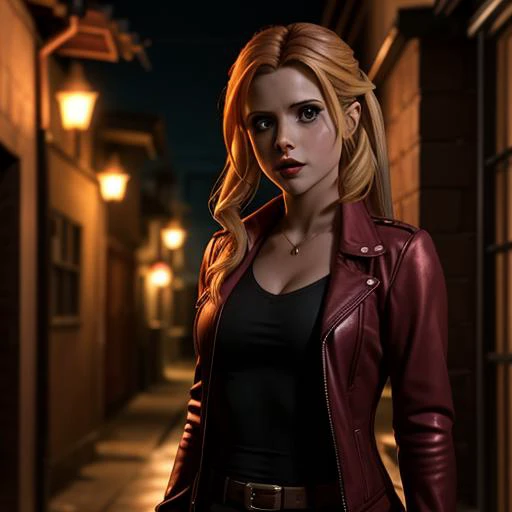 Buffy the vampire slayer hunting vampire in sunnydale alley, well detailed, high definition, 8k