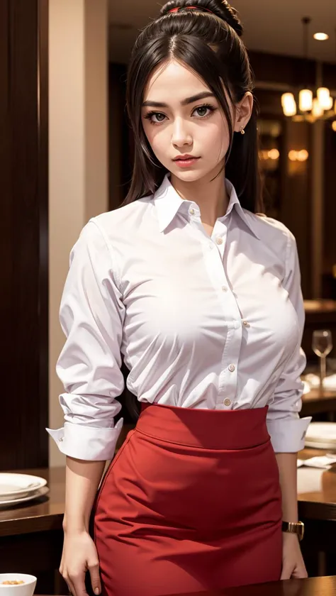 a very serious waitress at a fancy restaurant, shirtlift <lora:shirtliftv1:0.6>